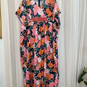 Unique Vintage 1970s Navy and Pink Floral Caftan Jumpsuit